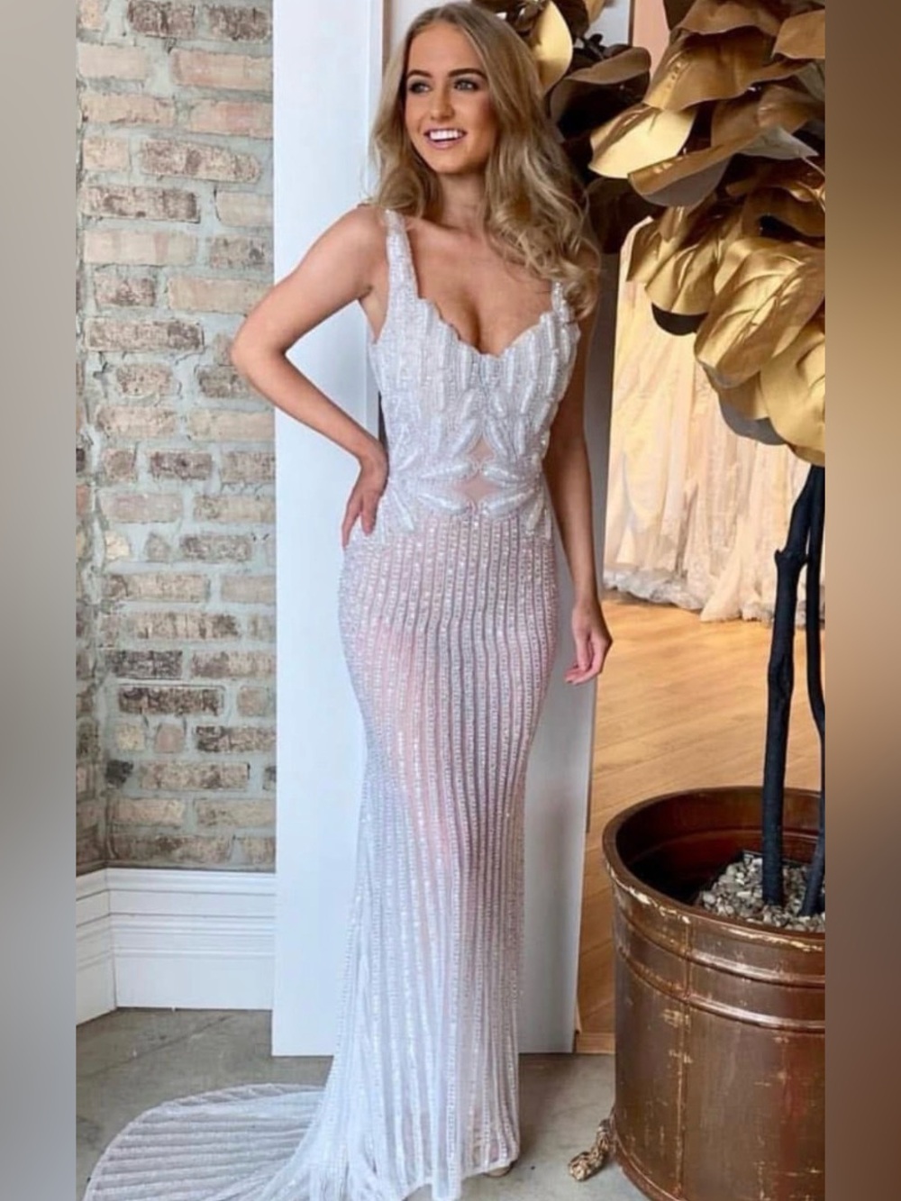 Portia and Scarlett Champagne Beaded Strapless Gown